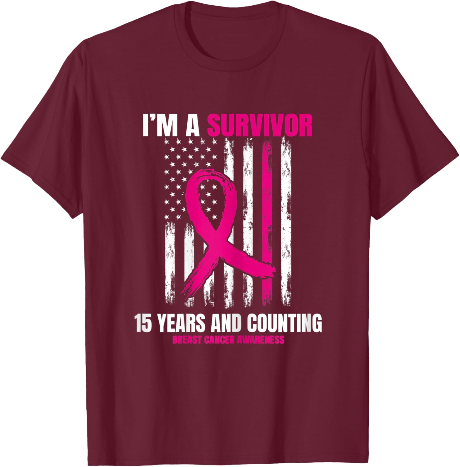 15 Year Survivor Gifts Pink Breast Cancer Awareness USA Flag