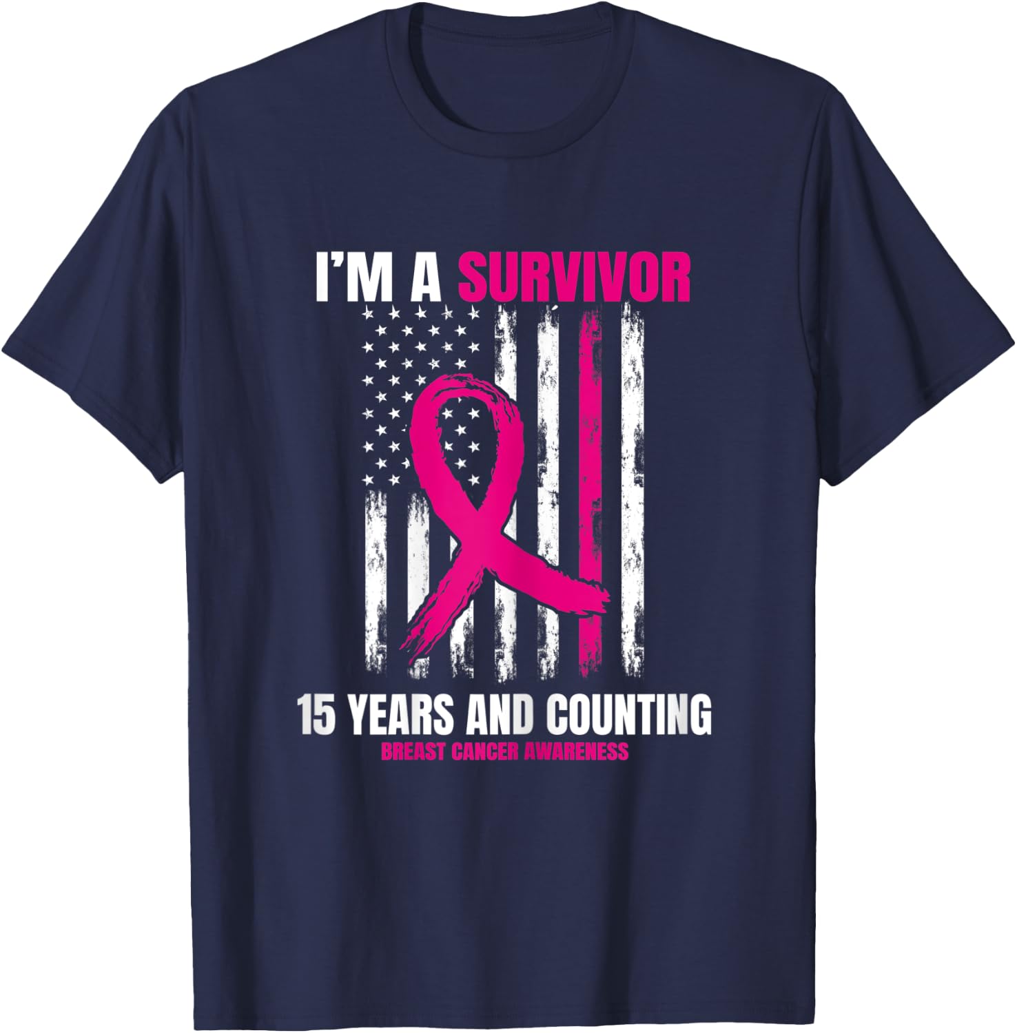 15 Year Survivor Gifts Pink Breast Cancer Awareness USA Flag