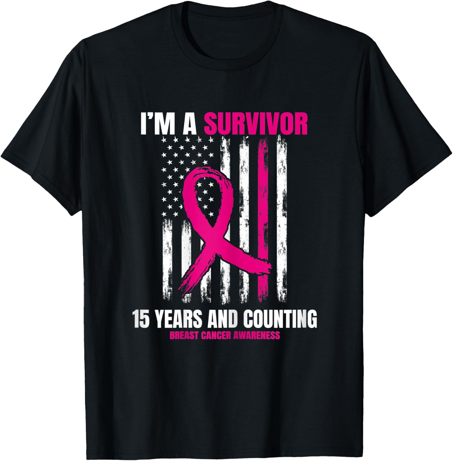 15 Year Survivor Gifts Pink Breast Cancer Awareness USA Flag